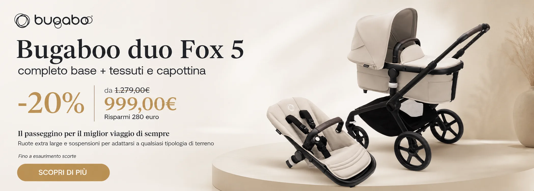 Bugaboo Duo Fox 5 completo base, tessuti e capottina in promozione con sconto del 20%