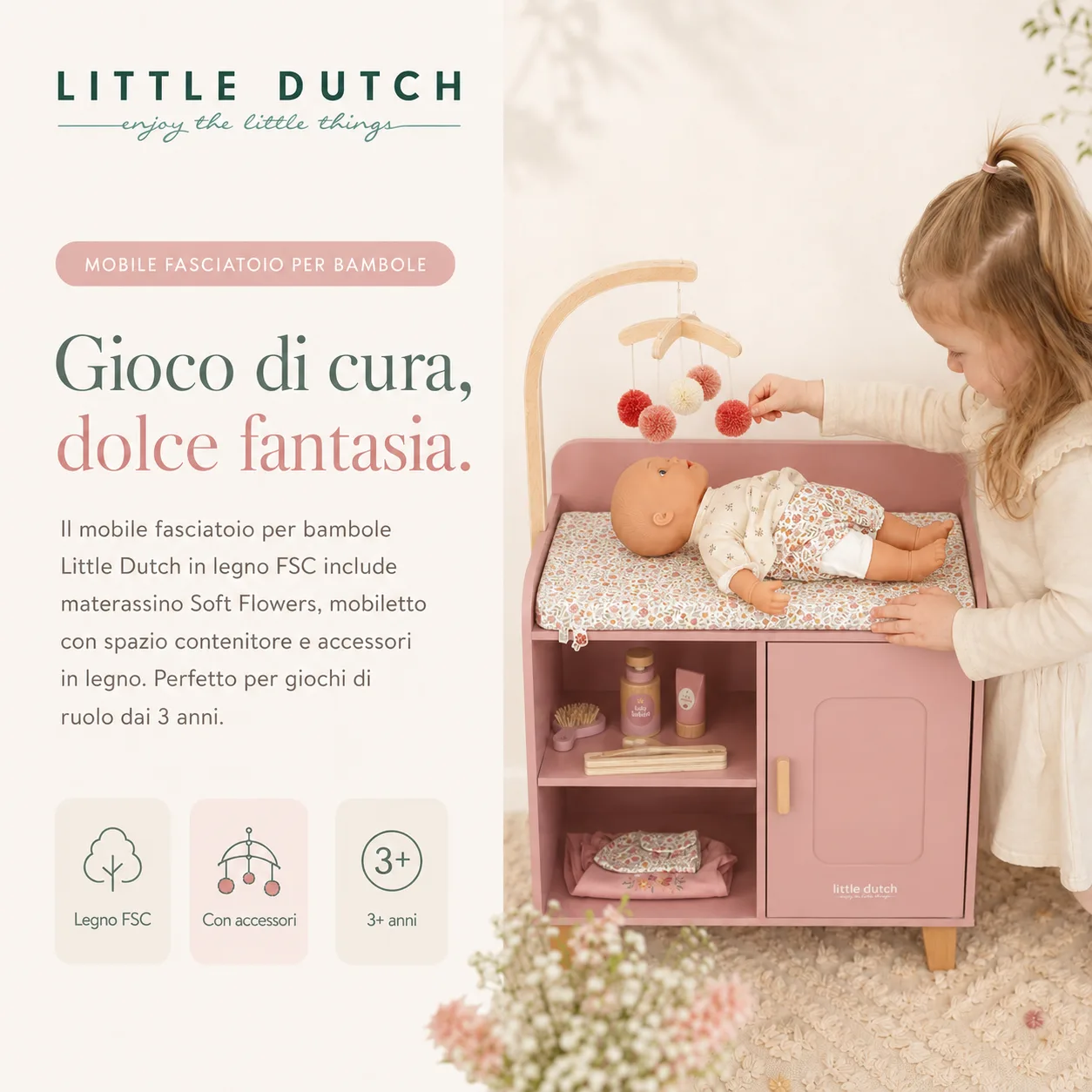 Little Dutch mobile fasciatoio per bambole in legno FSC con accessori