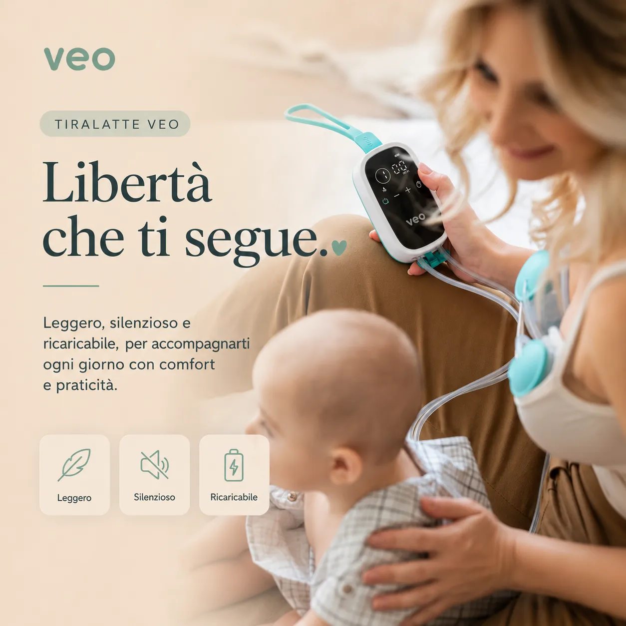 Tiralatte portatile doppio Veo, leggero, silenzioso e ricaricabile