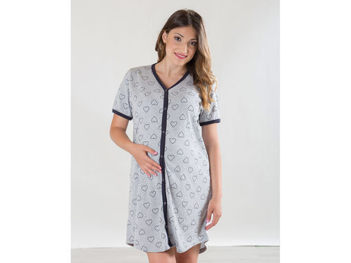 Immagine di Premamy camicia da notte clinica aperta davanti mezza manica grigio con cuori tg S - Premaman