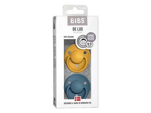 Immagine di Bibs set 2 ciucci in silicone De Lux taglia unica giallo mostarda e blu petrolio - Ciucci