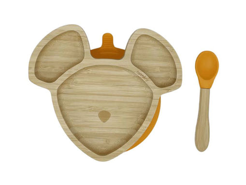 Immagine di Ecomikro piatto topo e cucchiaio bambù arancio - Piatti e posate