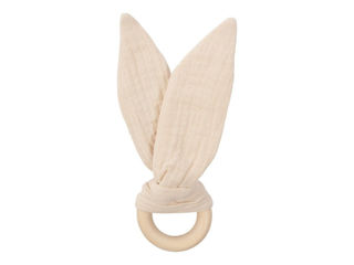 Immagine di Wooly Organic orecchie in mussola con anello in legno GOTS natural ecru - Massaggiagengive