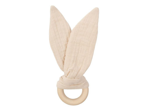 Immagine di Wooly Organic orecchie in mussola con anello in legno GOTS natural ecru - Massaggiagengive